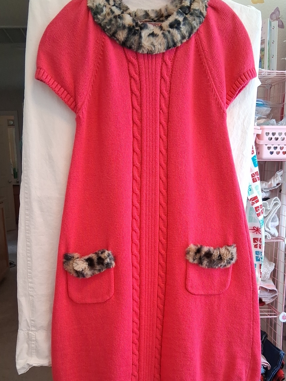Gymboree Bright Pink Cable-Knit Sweater Dress with Faux Fur Trim Size 7
